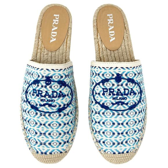 Prada Blue Embroidered Logo Pattern Espadrille Slides Size 38 - Picture 1 of 10